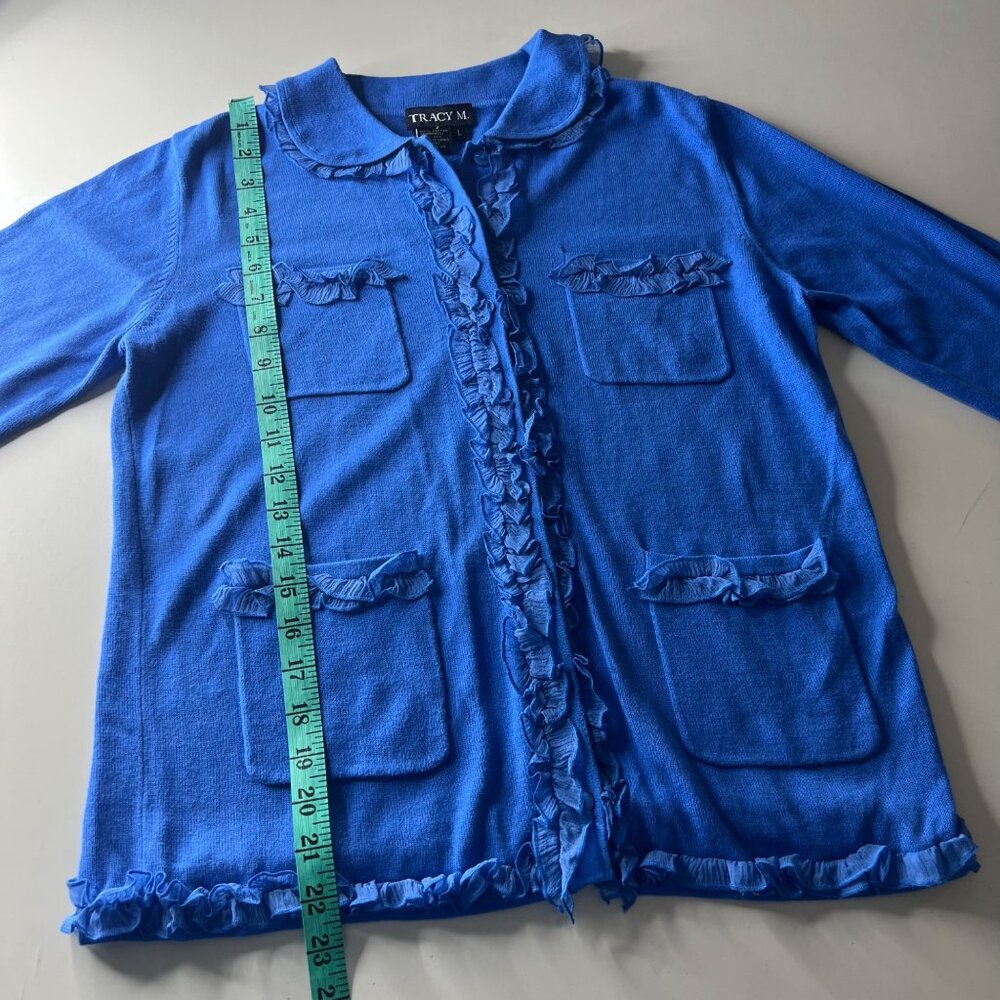Tracy M. Blue Ruffled Cardigan Size L - Picture 6 of 9